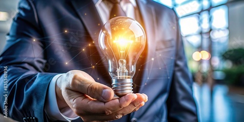 A stock photo featuring a hand holding a light bulb symbolizing procurement management concept, sourcing, acquiring, materials, products, services, suppliers, organization, needs photo