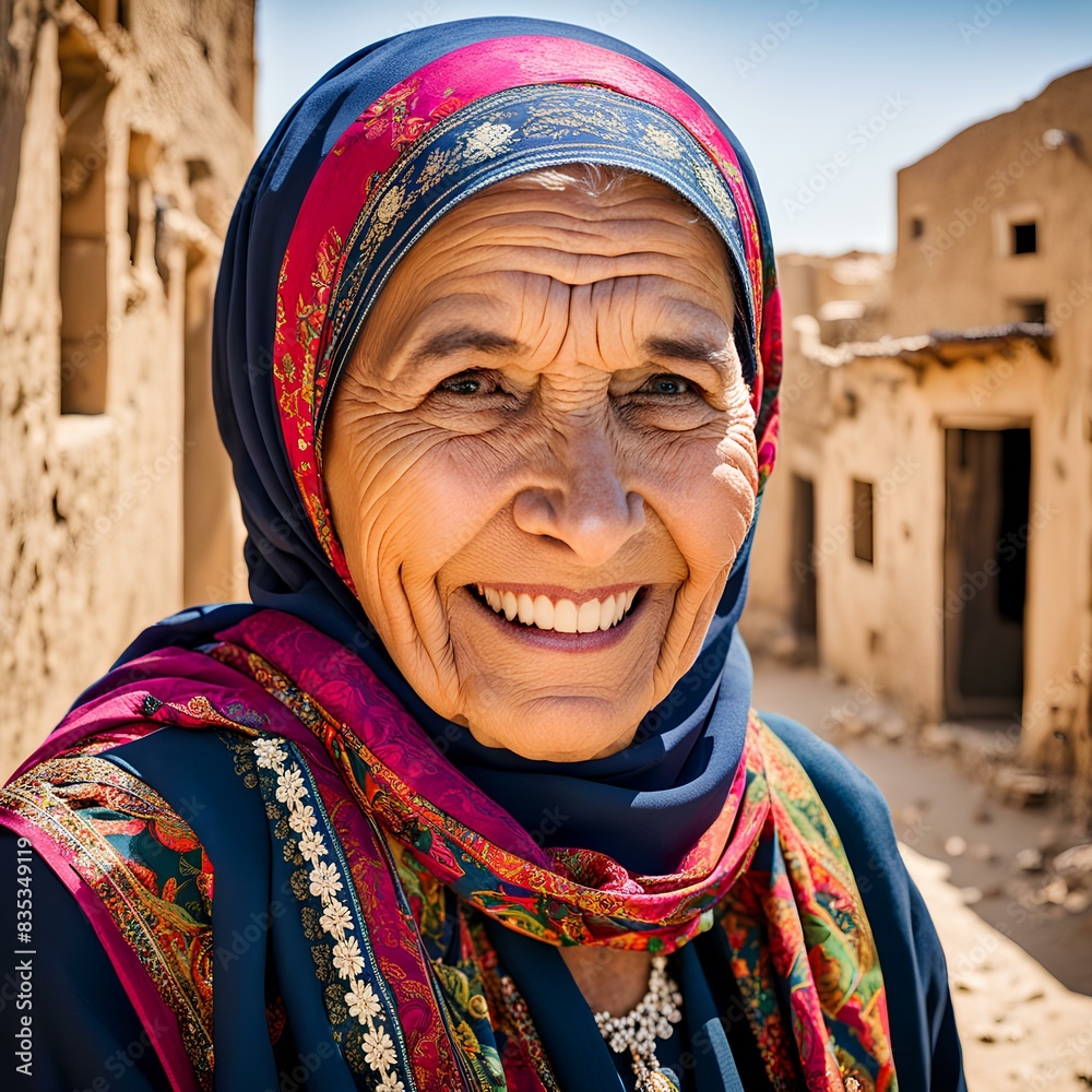 Palestinian ( Arabic ) traditional old woman dressed in vibrant colors, smiling Palestinian ( Arabic ) traditional old woman dressed in vibrant colors, smiling