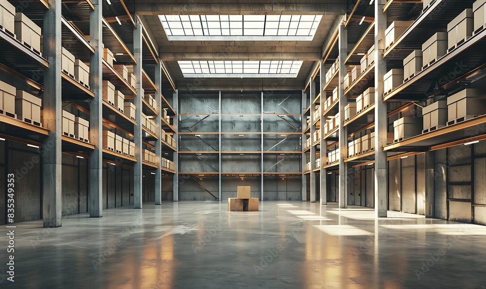 Warehouse or industry building interior. known as distribution center, retail warehouse. Part of storage and shipping system. Included box package on shelf, empty space and concrete floor. 3d render. Warehouse or industry building interior. known as distribution center, retail warehouse. Part of storage and shipping system. Included box package on shelf, empty space and concrete floor. 3d render.