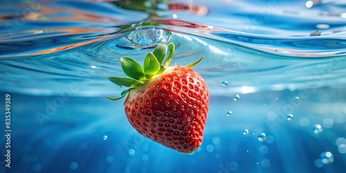 Strawberry floating in clear water, refreshing, juicy, vibrant, red, ripe, fruit, organic, healthy, summer, aquatic, submerged, freshness, bubbles, close-up, splash, droplets, macro, natural