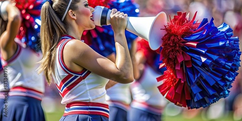 Close up image of a cheerleading outfit with pom poms and megaphone, cheerleader, teenager, young girl, uniform, pom poms, megaphone, spirit, peppy, energetic, athletic, cheer, team, school
