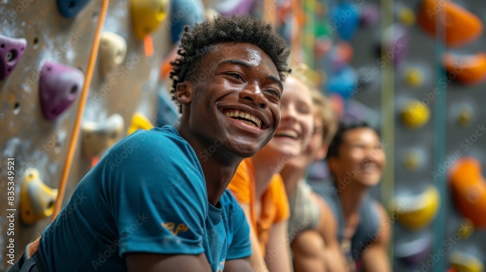 A diverse group of friends at the indoor gym are focused, energetic, and rock climbing together A diverse group of friends at the indoor gym are focused, energetic, and rock climbing together