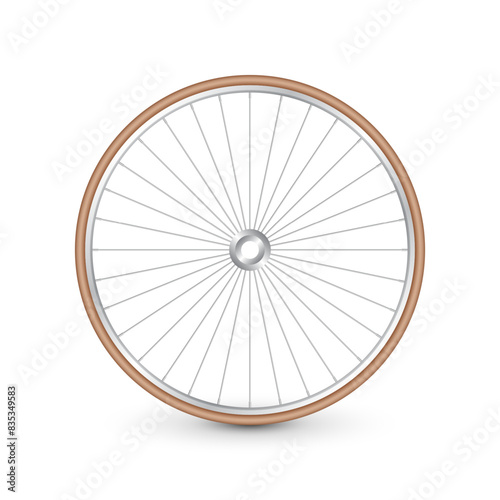 Realistic 3d retro bicycle wheel. Bike rubber tire, shiny metal spokes and rim. Fitness cycle, touring, sport, road and mountain bike. Vector illustration
