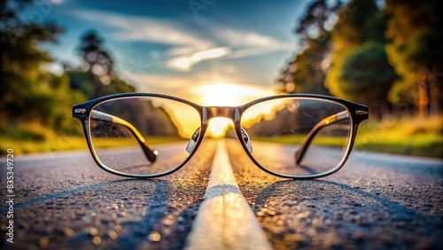 A pair of prescription glasses lying on a blurred road, highlighting the importance of vision correction, vision problem, glasses, road, vision improvement, eyewear, difference photo