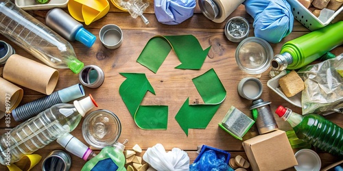 Recycling symbol surrounded by various recyclable items, representing the concept of waste management and circular economy, themed, recycling symbol, generative AI, waste management photo