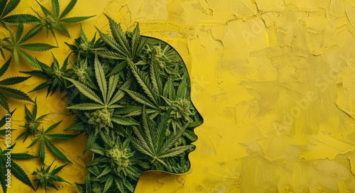 In a mental image of a human head surrounded by weed leaves, marijuana health risks and anaphylactic shock are shown as dangers of cannabis smoking combined with cognitive function and lung disease photo