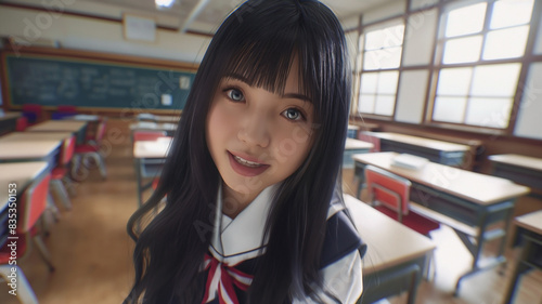 Japanese schoolgirl, resembling a Vlogger , in a typical school uniform, standing in a classroom. In the moment, she is talking with a smile photo