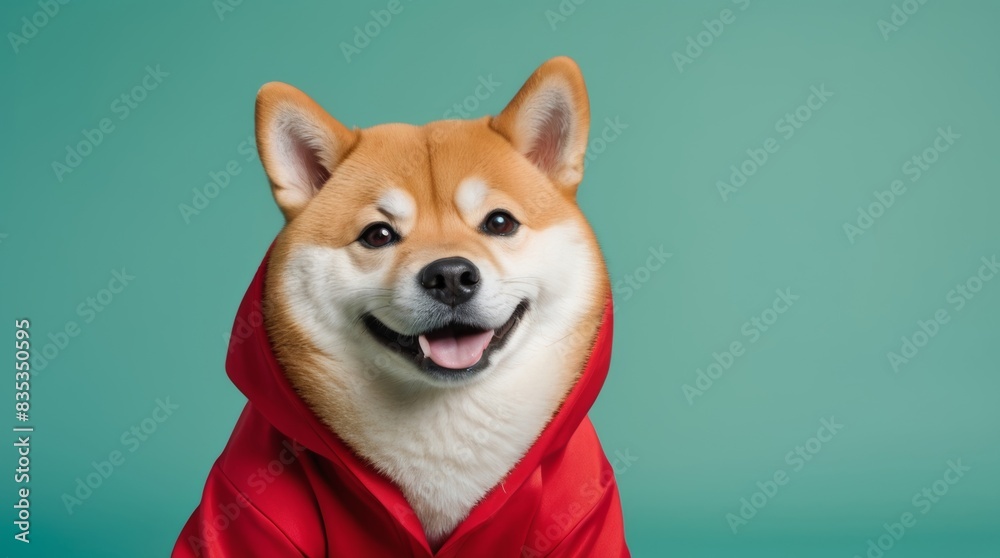 a Shiba Inu dog wearing red night suit is looking on a green background. a Shiba Inu dog wearing red night suit is looking on a green background.