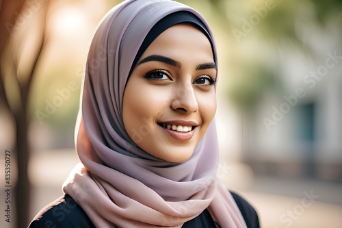 Arabic warm and friendly photo of a young hijab 25 years woman smiling brightly. 