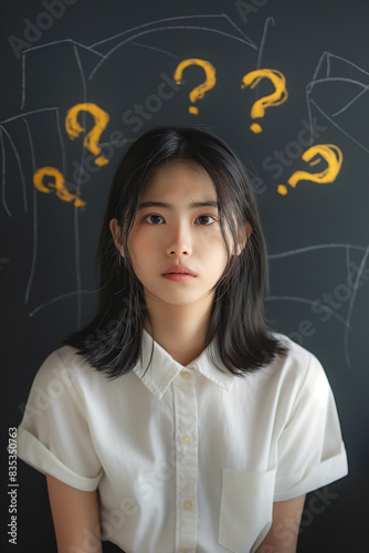 Thai young university female student in a white shirt with short sleeves sitting alone and thinking. She has a thoughtful expression on her face and is posed in a thinking position photo