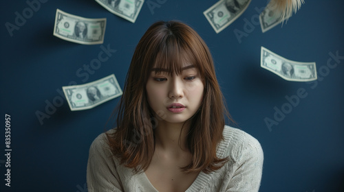 Japanese woman with brown smooth hair and bangs, sitting alone and texting with someone on her phone. She has a worried and depressed expression on her face photo