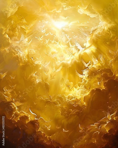 Heavenly Scene with Celestial Angels Singing in Glowing Golden Light