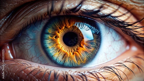 Close up of a human eye with detailed iris patterns, macro, close-up, detail, anatomy, eyesight, vision, ocular, pupil, eyelashes, optic, sight, view, focus, eyeball, cornea, retina photo