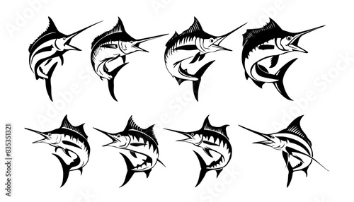 Set of Marlin Fish Jump Hand Drawn Illustration Isolated