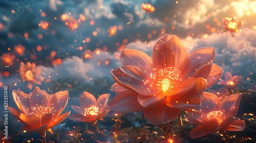 A surreal visualization of Digital Bloom, with fantastical flowers emitting light and floating above a digital landscape, under a sky filled with data clouds. photo