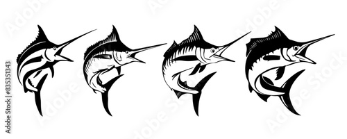 Set of Marlin Fish Jump Hand Drawn Illustration Isolated