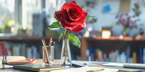 Crimson Red Rose Study  Tidy desk with a single red rose in a vase  surrounded by notebooks and pens