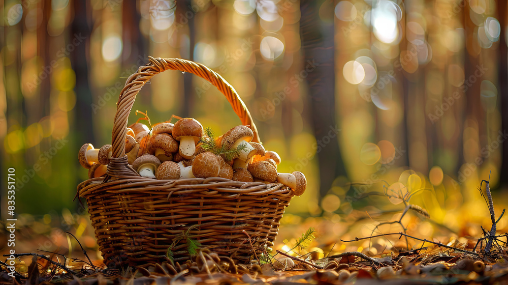 Basket of boletus mushrooms against a forest background Basket of boletus mushrooms against a forest background