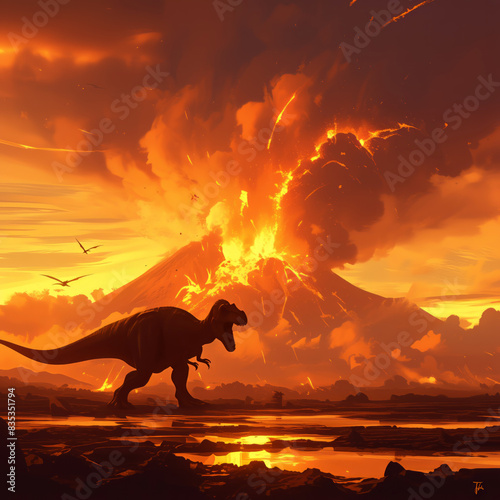 A volcanic eruption spews ash and smoke into the sky, with a silhouette of a fleeing dinosaur in the foreground © Meekong.nk