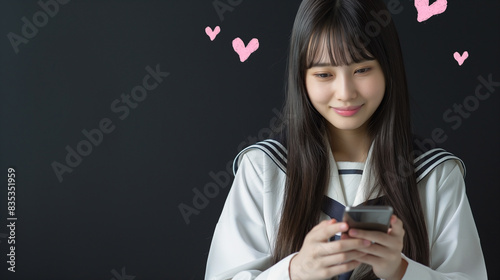 Japanese girl in a white sailor school uniform, with smooth long straight hair and bangs, sitting and playing on her smartphone with both hands.  photo