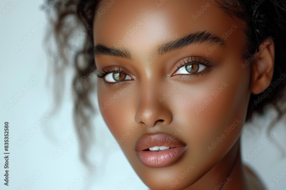 closed up of plain look beautiful black african women touching her face without cosmetic on white background. closed up of plain look beautiful black african women touching her face without cosmetic on white background.