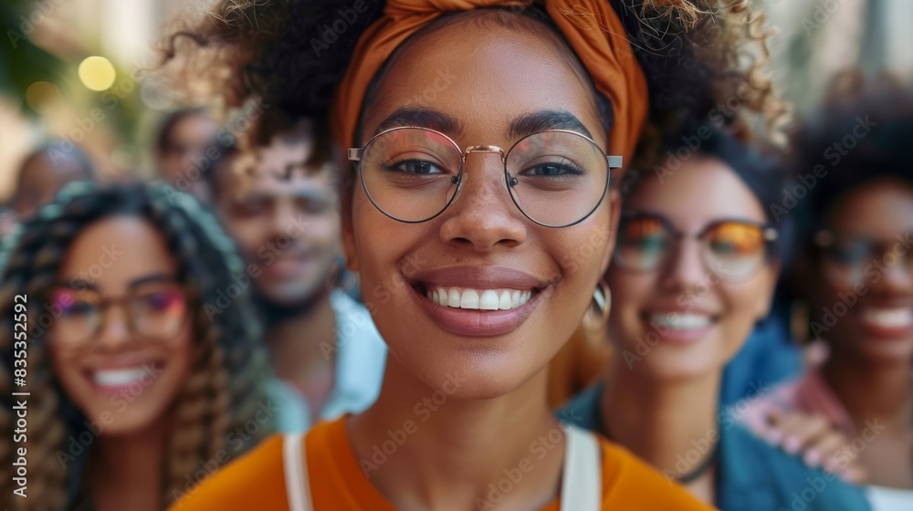Portrait of smiling african american woman with friends on background Portrait of smiling african american woman with friends on background