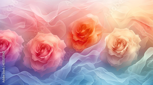Abstract art illustration featuring various types of roses  pastel rainbow colors  and elements of the sea
