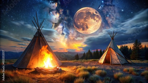 Nighttime scene of bonfire near wigwam with full moon in sky, Indigenous, Native American, bonfire, circle, wigwam, night, full moon, traditional, cultural, fire pit, outdoor, campfire photo
