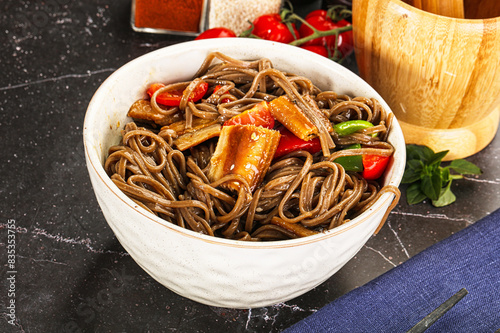 Buckwheat Soba with eel and vegetavles photo