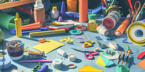 Crafting Corner: A table covered in various arts and crafts supplies, including glue, scissors, and construction paper