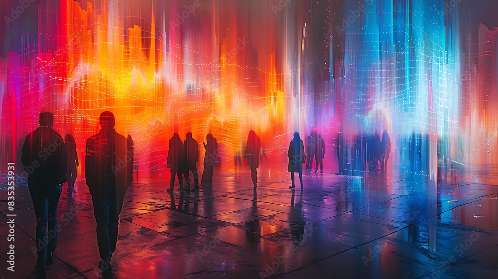 A vibrant digital artwork of Echoes of AI, where colorful digital waves ripple through a crowd of people, each wave altering their expressions and gadgets, showing the personal impact of AI. A vibrant digital artwork of Echoes of AI, where colorful digital waves ripple through a crowd of people, each wave altering their expressions and gadgets, showing the personal impact of AI.