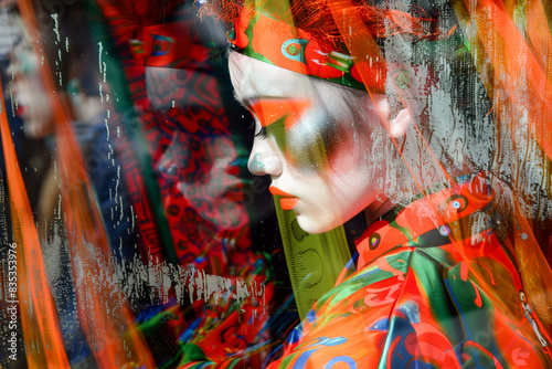 Fashion runway backstage area, with makeup artists and hairstylists working feverishly to create avant-garde looks that complement the designer's vision. photo