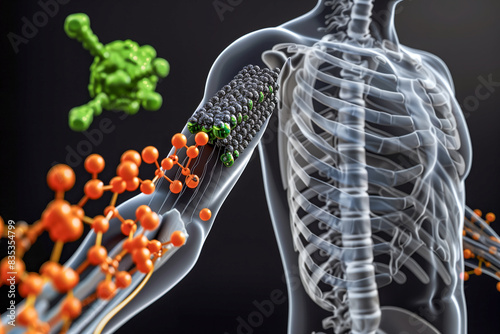 Futuristic medical nanodevice, such as a targeted drug delivery system or a nanosensor for early disease detection, operating within the human body at the molecular level