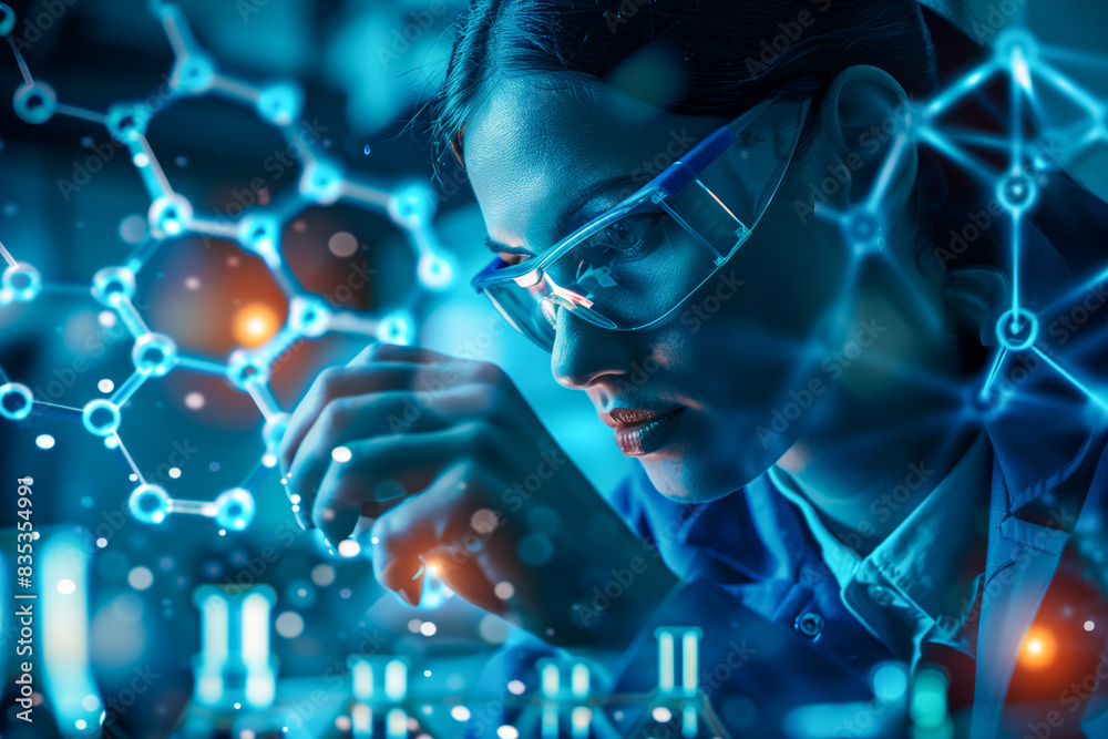 Scientist analyzing a holographic model of a complex molecule or structure, visualizing intricate details and exploring potential applications in research and development Scientist analyzing a holographic model of a complex molecule or structure, visualizing intricate details and exploring potential applications in research and development