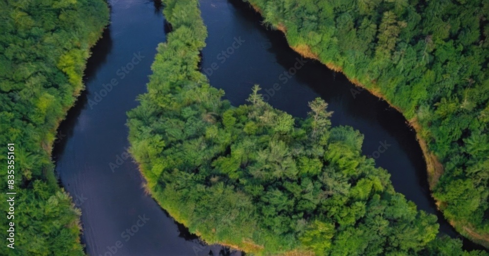 An aerial view of a winding river flowing through a lush, green forest. An aerial view of a winding river flowing through a lush, green forest.