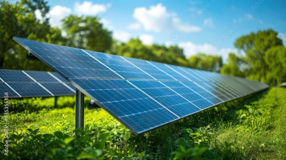 Close-Up of Solar Panels in Verdant Setting on a Bright Sunny Day Close-Up of Solar Panels in Verdant Setting on a Bright Sunny Day