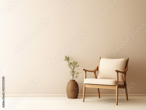 Wooden Armchair and Vase in Minimalist Room with Copy Space