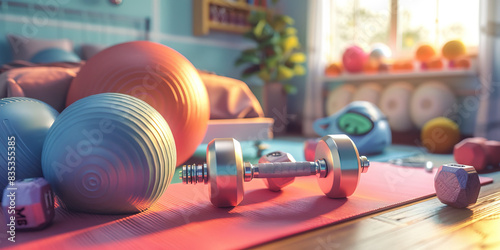Home Workout: A yoga mat, exercise balls, and free weights scattered around a bedroom photo