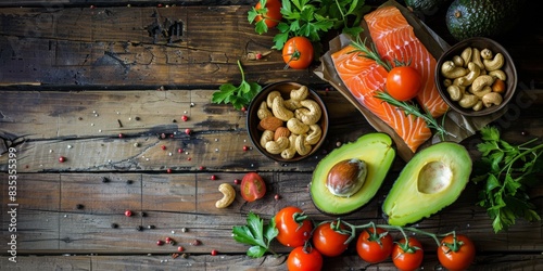 Assorted keto foods with space for text including salmon, avocado, nuts, tomatoes, and greens on wooden background