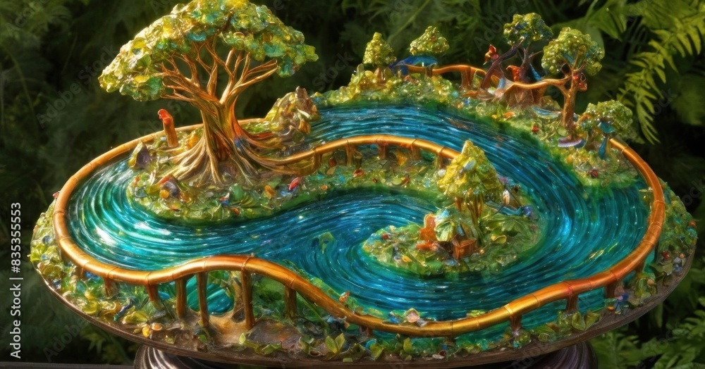Fototapeta premium An aerial view of a winding river flowing through a lush, green forest.