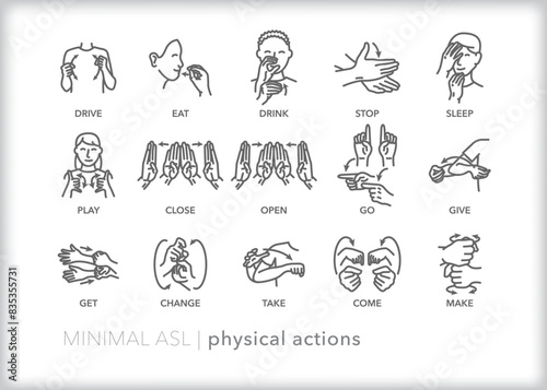 Set of line icons depicting American Sign Language (ASL) communication for physical actions words and phrases