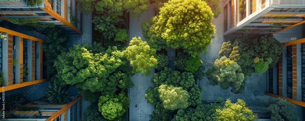 Sunlit Urban Courtyard Drastically Enhanced by Abundant Greenery Between Modern Buildings Sunlit Urban Courtyard Drastically Enhanced by Abundant Greenery Between Modern Buildings