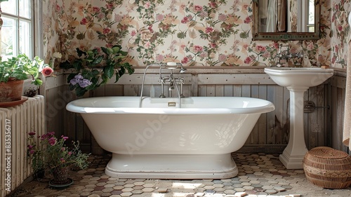 Journey back in time to a classic European bathroom adorned with elegant details like a pedestal sink  a clawfoot bathtub  vintage fixtures  and intricate tile work