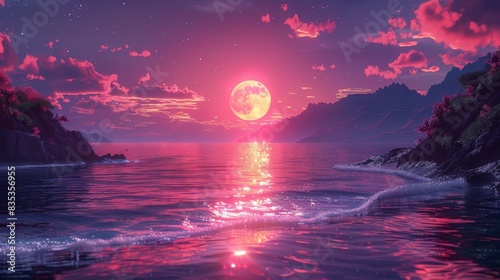The moon above the sea. Planet in the water. Neon light. A night seascape. Seascape, ocean, night landscape.