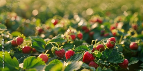 A huge field is strewn with ripe strawberries glistening in the sunshine. photo