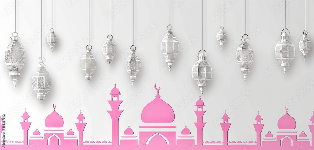 Elegant minimalist pink and silver mosque silhouette with hanging lanterns on a white background for Elegant minimalist pink and silver mosque silhouette with hanging lanterns on a white background for
