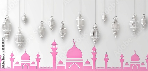 Elegant minimalist pink and silver mosque silhouette with hanging lanterns on a white background for 