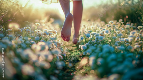 Happy barefoot running in green grass, laughing children, soft grass, summer freedom photo