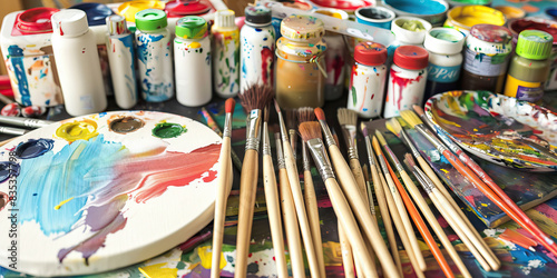 Art Supplies Galore  A table covered in art supplies  including paintbrushes  pencils  canvas  and a palette