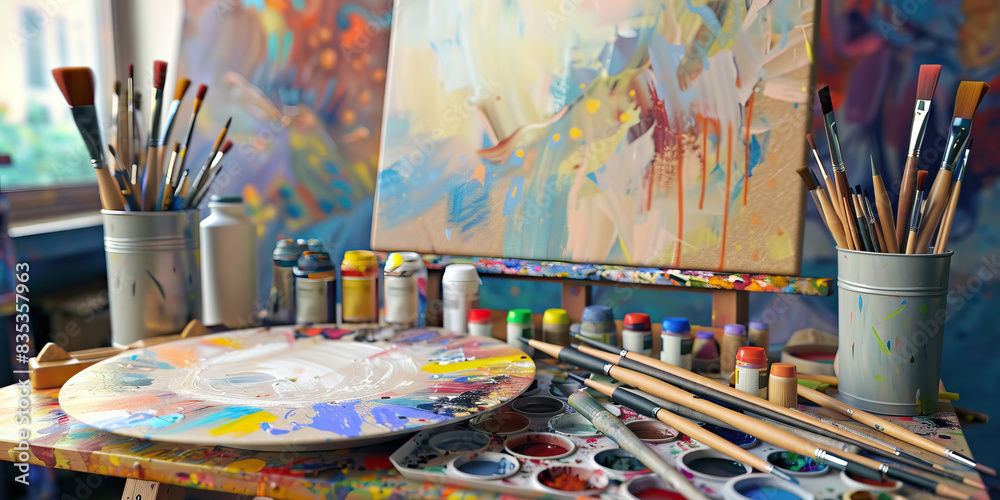 Art Supplies Galore: A table covered in art supplies, including paintbrushes, pencils, canvas, and a palette Art Supplies Galore: A table covered in art supplies, including paintbrushes, pencils, canvas, and a palette